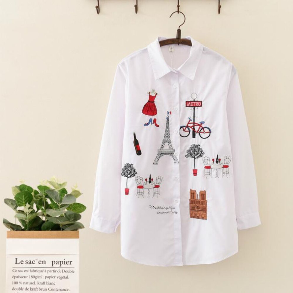 (M, white) White Shirt Casual Wear Button Up Turn Down Collar Long Sleeve Cotton Women Blouse Tops Shirts