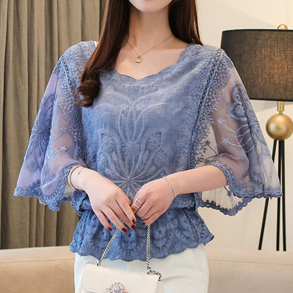 (XL, blue) Plus Size Chiffon Blouse Women Summer Cotton Edge Lace Women&apos;s Shirt Butterfly Sleeve Flower Office Lady Tops