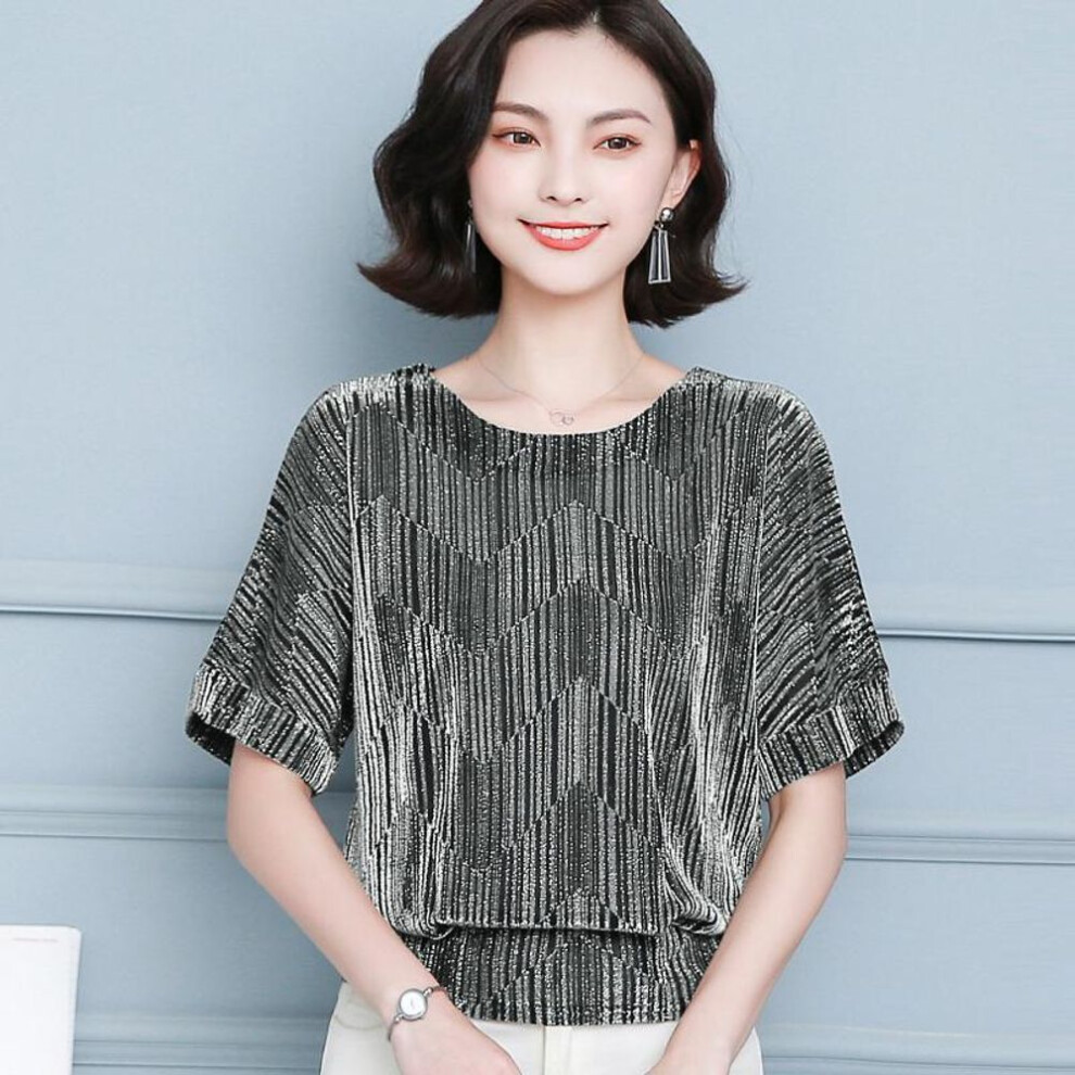 (XXL, silver) Red Golden Shine Women Blouses Glitter Loose Short Sleeve Shirt Tops Fashion Elegant Shiny Sequin Tunic Ladies Blouse