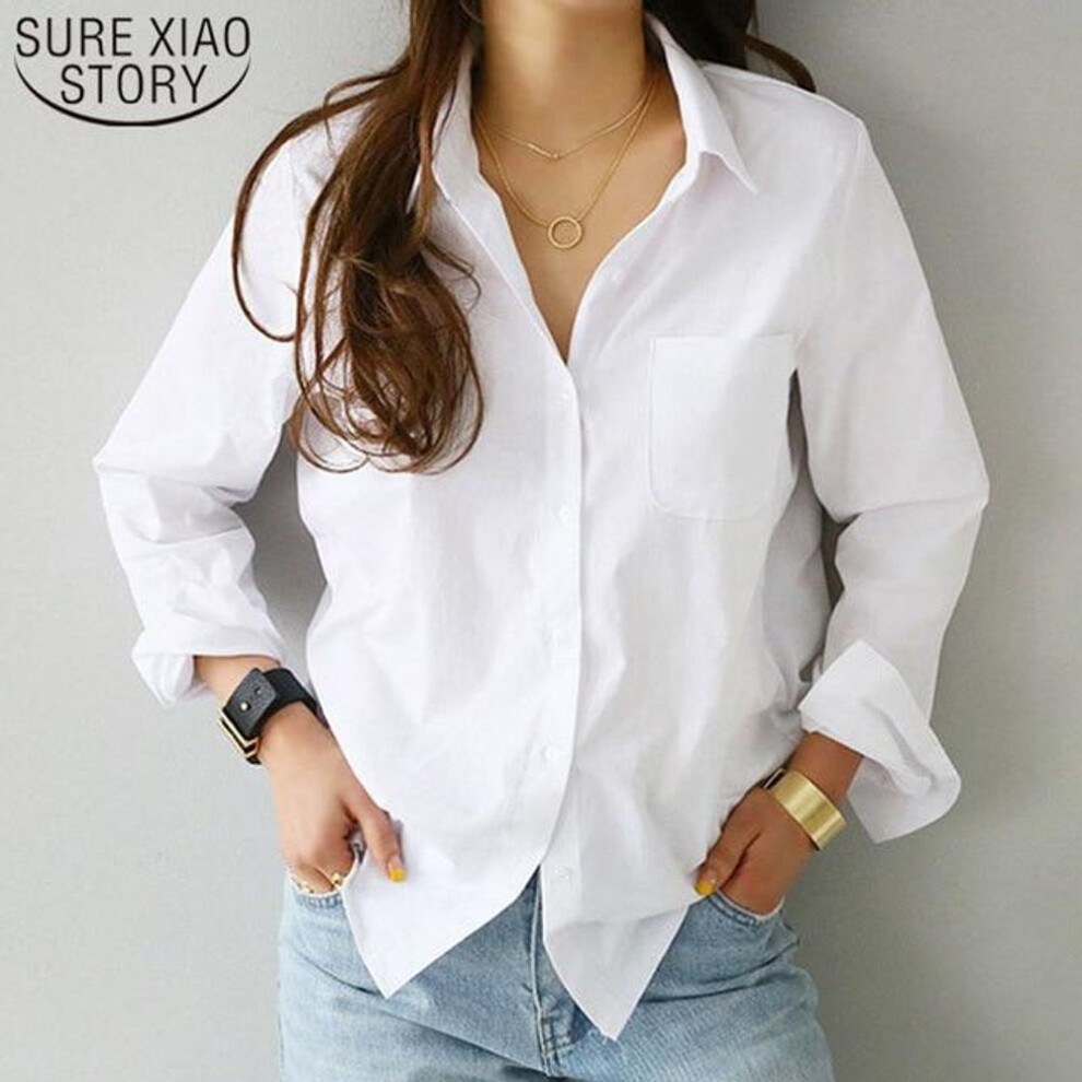 (XL, white) Cotton Women Shirts And Blouses Long Sleeve White Shirt Tops Casual Turn-down Collar Ol Style Loose Woman Blouse