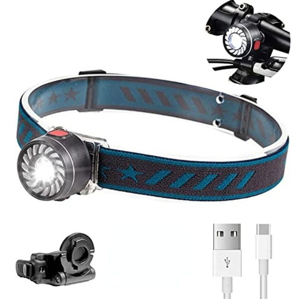 (Round) New 1*xpe+16* Type-c Rechargeable Waterproof Headlamp With Warning Tail Light Red Leds Dual Light Source Headlights Bicycle Light