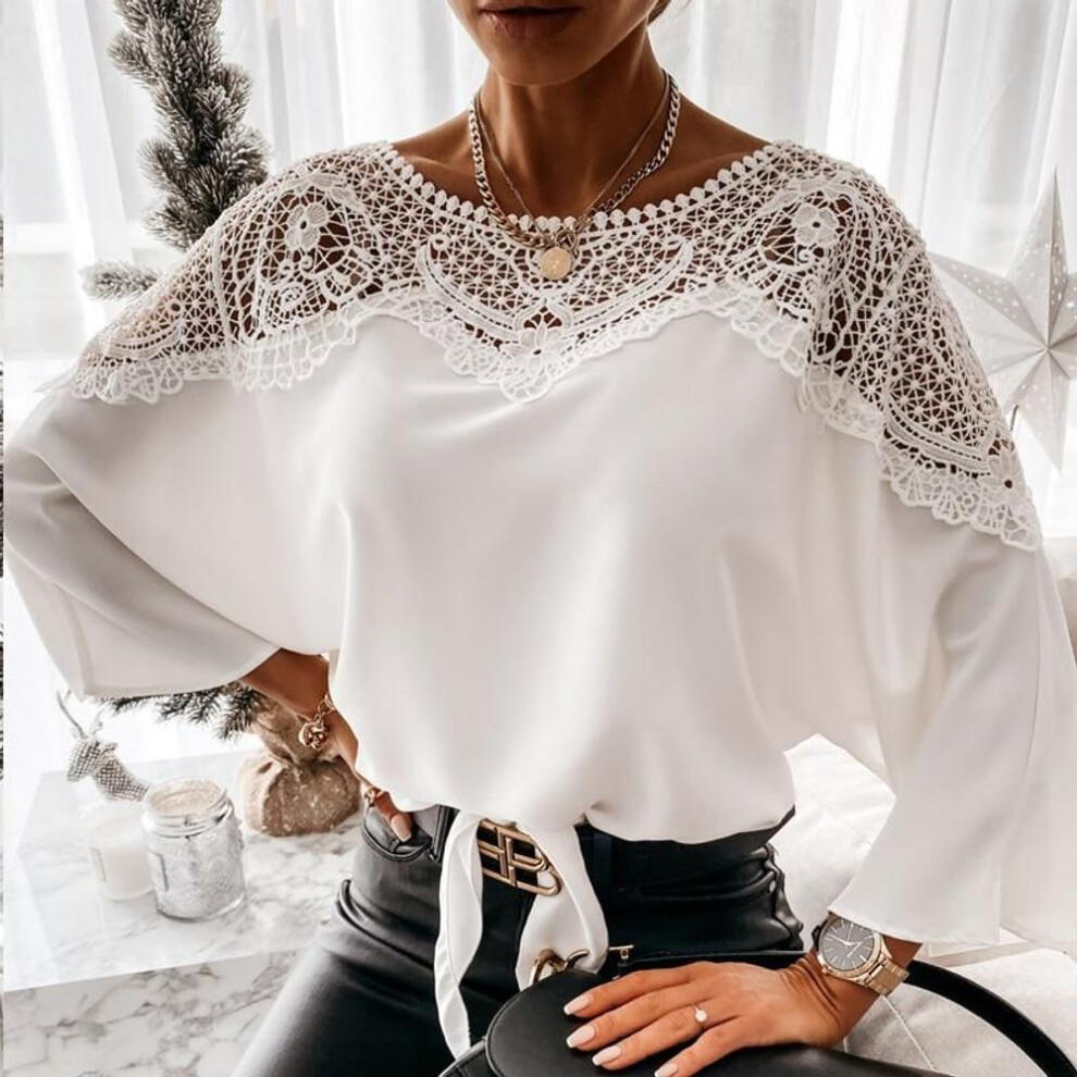 (M, white) Crochet Embroidery Lace Blouses Women Sexy Lace Stitching White Shirts Female Vintage Plus Size Ladies Tops Blusas 1135
