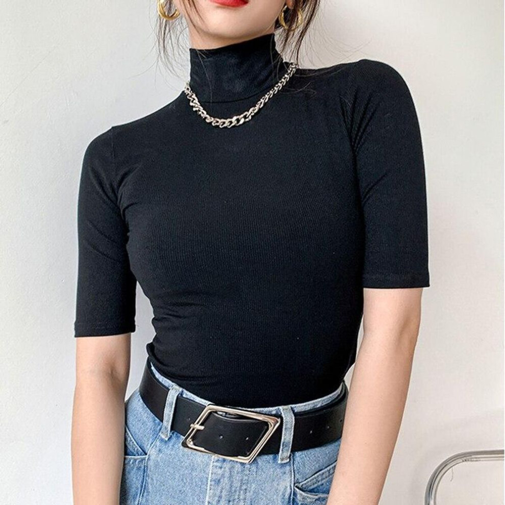 (L, black) Autumn  Three Quarter Solid Casual Cotton Knitted Top Turtleneck White Tops For Women Corset Top Conmmute Clothes Women 15637