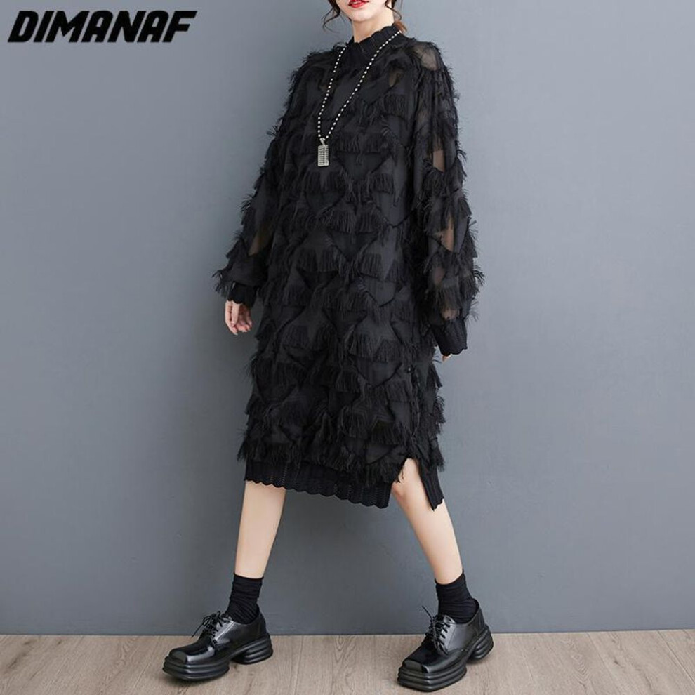 (black, one size) Dimanaf Plus Size Women 2023 New Summer Style Dress Long Sleeve O-neck Floral Loose Dress Basic Black New