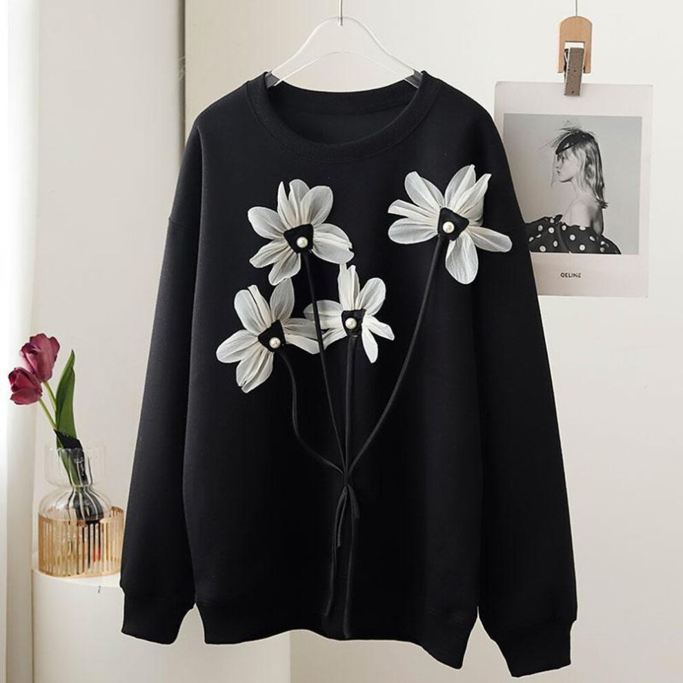 (One Size, black) Dimanaf 2023 New Plus Size Women Hoodies & Sweatshirts Full Sleeve Loose Casual O-neck Flower Autumn Basic Tops 2023 T-shirt New Pullover