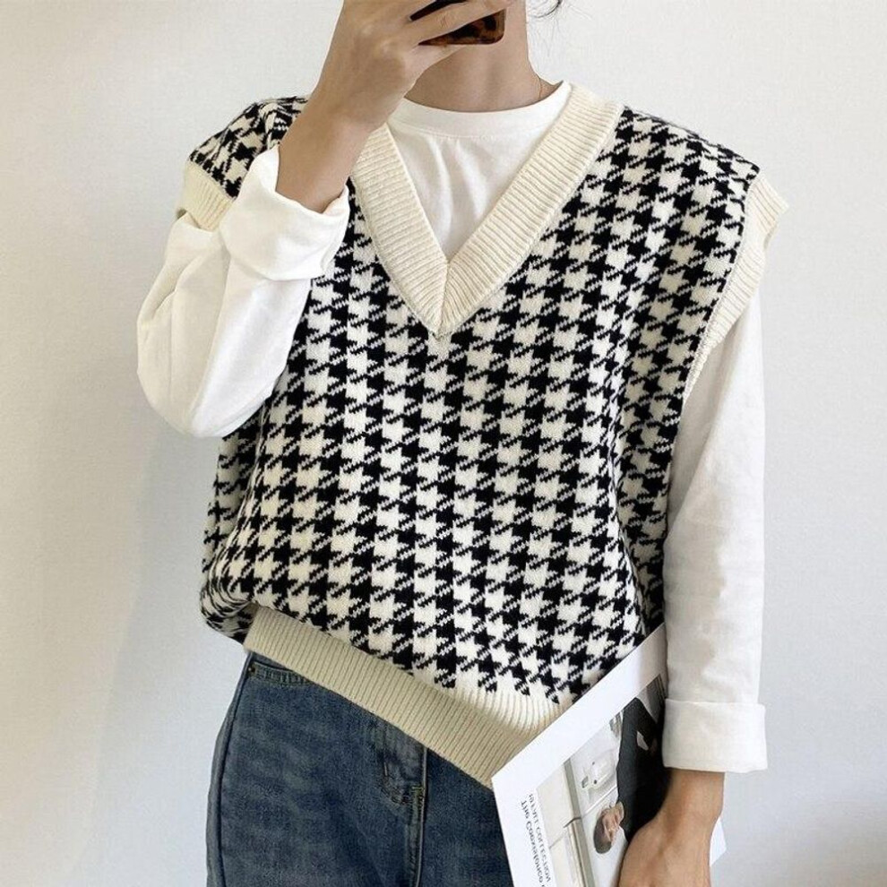 (white, XL) Girls Houndstooth Loose Knitted Vest Sweater Women Sleeveless Thick Vintage Sweater Vest Female Waistcoat Chic Tops 17502