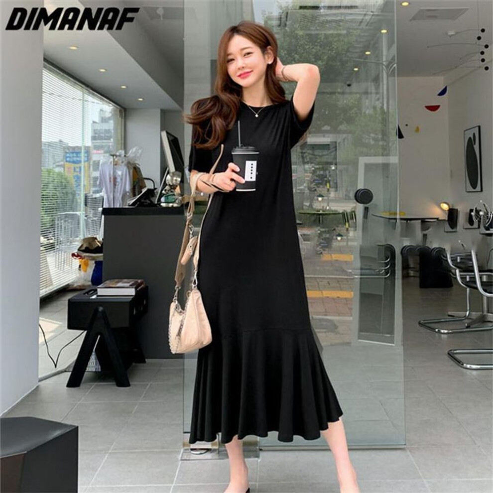(black, 2XL) Dimanaf 2023 Plus Size T-shirt Dress Summer Women Solid Loose Beach Casual Elastic Female Dresses O-neck
