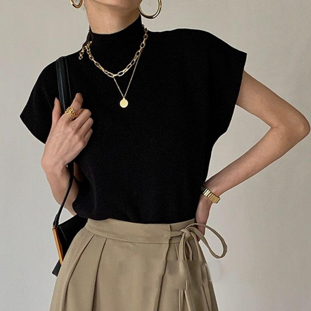 (One Size, black) Solid Stand-up Collar Slim Knitted Vest Loose Elegant Straight Tops Short Sleeve Office Lady T Shirt Women Fashion Vest Shirt 18842