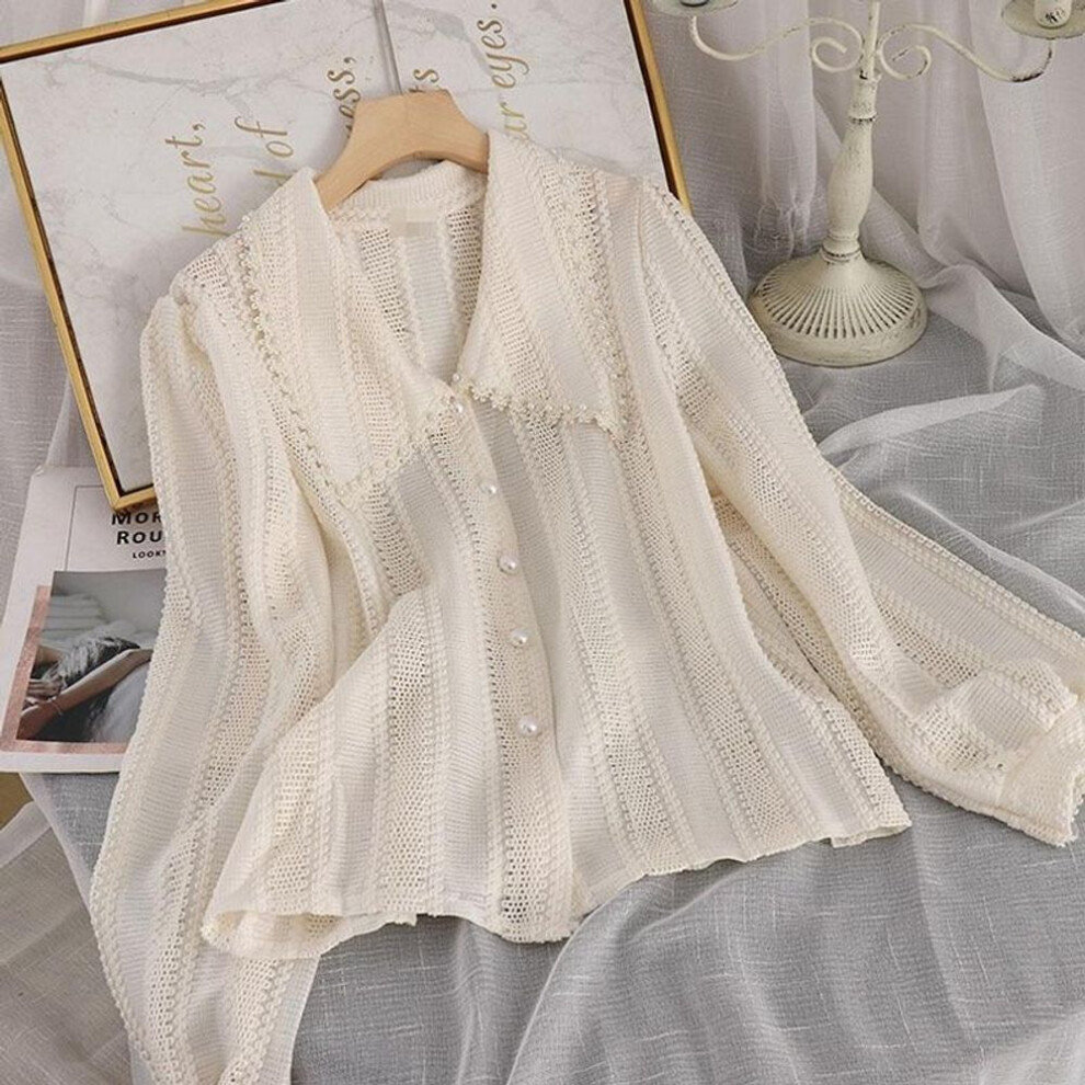 (M, apricot) Spring Elegant Lace Blouses Women Hollow Out Peter Pan Collar Tops Fashion Office Ladies Long Sleeve Women Shirt 14562
