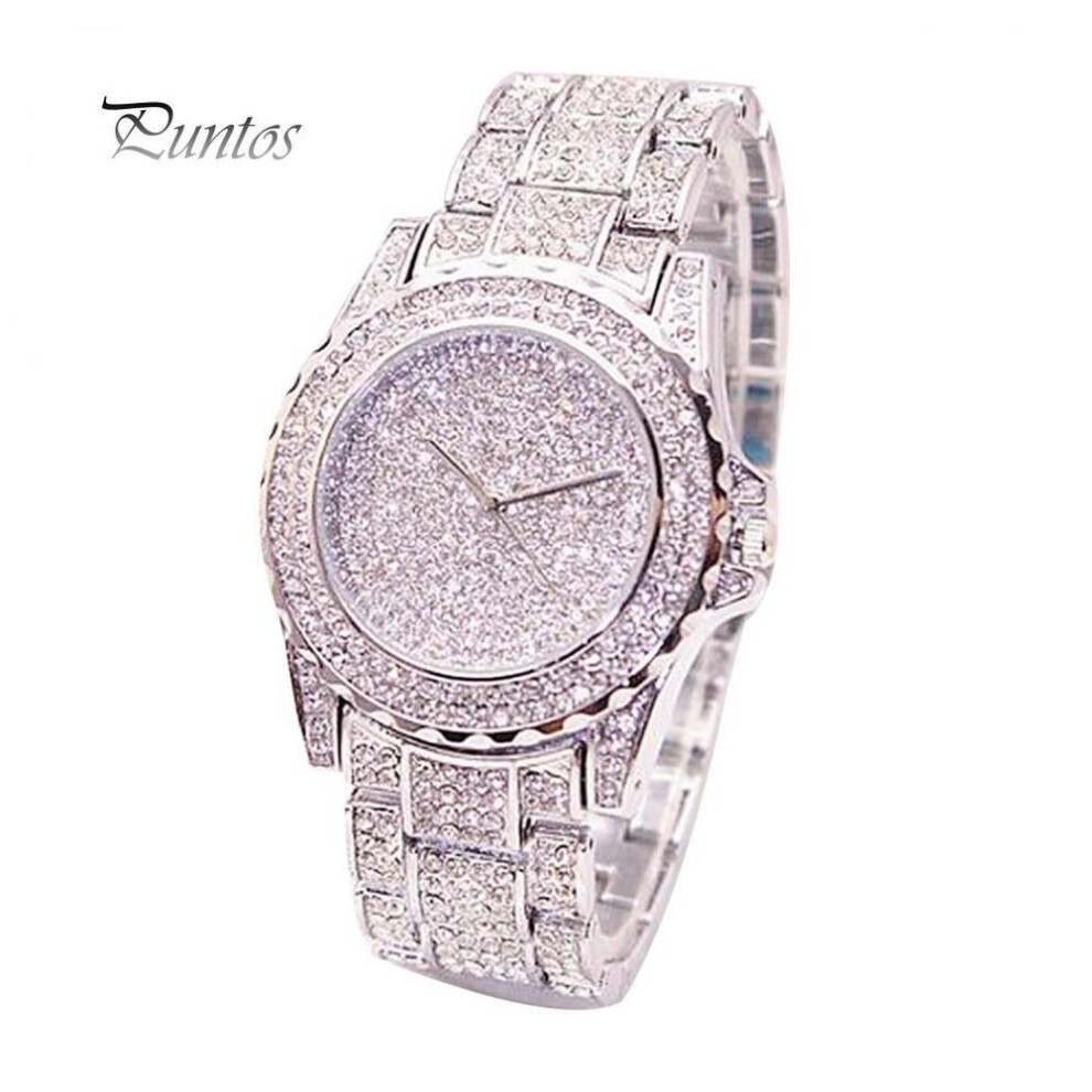 (silver) Exquisite Product Full Shiny Rhinestone Round Quartz Movement Wrist Watch Bracelet