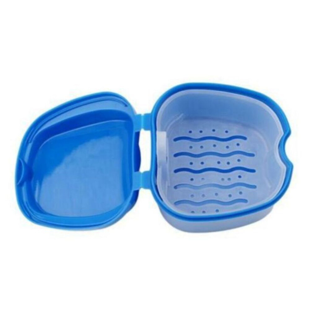 (navy blue) Apple Shape Denture Bath Box Case Dental False Teeth Storage Box With Hanging Net Container