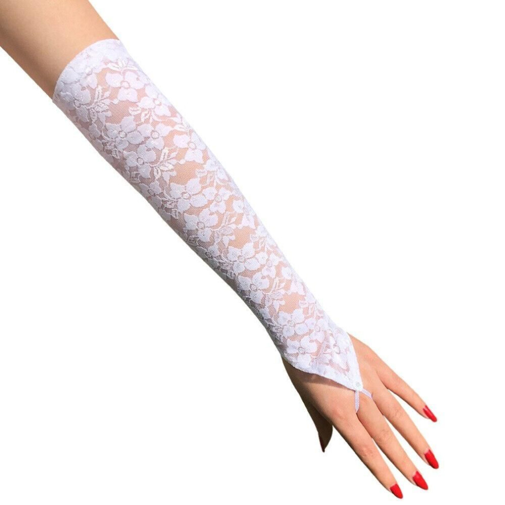 (white) 1pair Women Long Lace Hollow Out Holes Gloves Sexy Fishnet Mesh Fingerless Glove Lady Mitten Dress Accessories