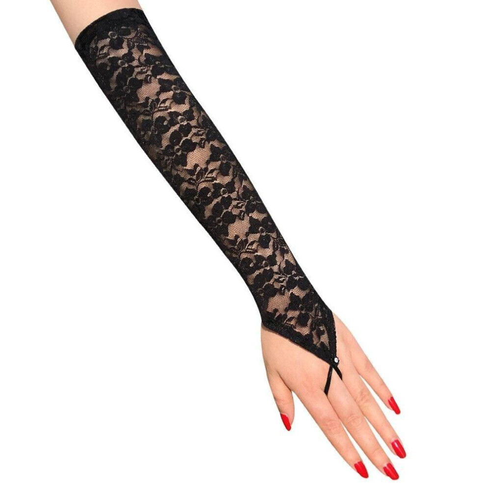 (black) 1Pair Women Long Lace Hollow Out Holes Gloves Sexy Fishnet Mesh Fingerless Glove Lady Mitten Dress Accessories