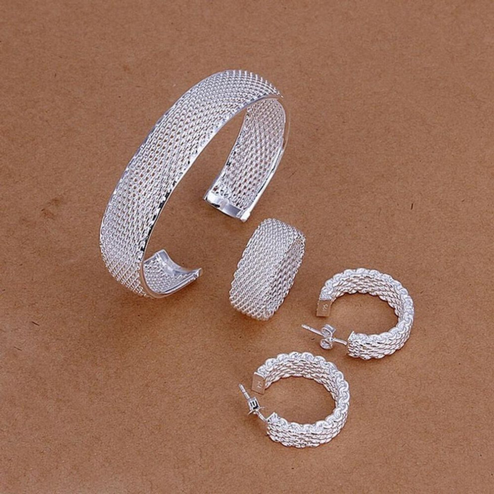 (10) 925 Silver Christmas Gift Women Lady Net Wedding Party Gifts Bangles Stud Earrings Ring Fashion Fine Jewelry Set S249