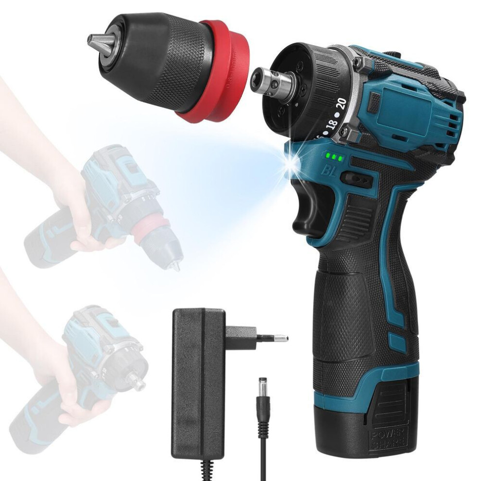 (1pcs battery EU Plug) 18v 2in1 Lithium Drill Electric Screwdriver Multifunction Power Tool 45nm Torque Brushless Motor