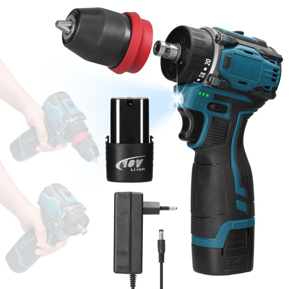 (2pcs batteries EU Plug) 18v 2in1 Lithium Drill Electric Screwdriver Multifunction Power Tool 45nm Torque Brushless Motor