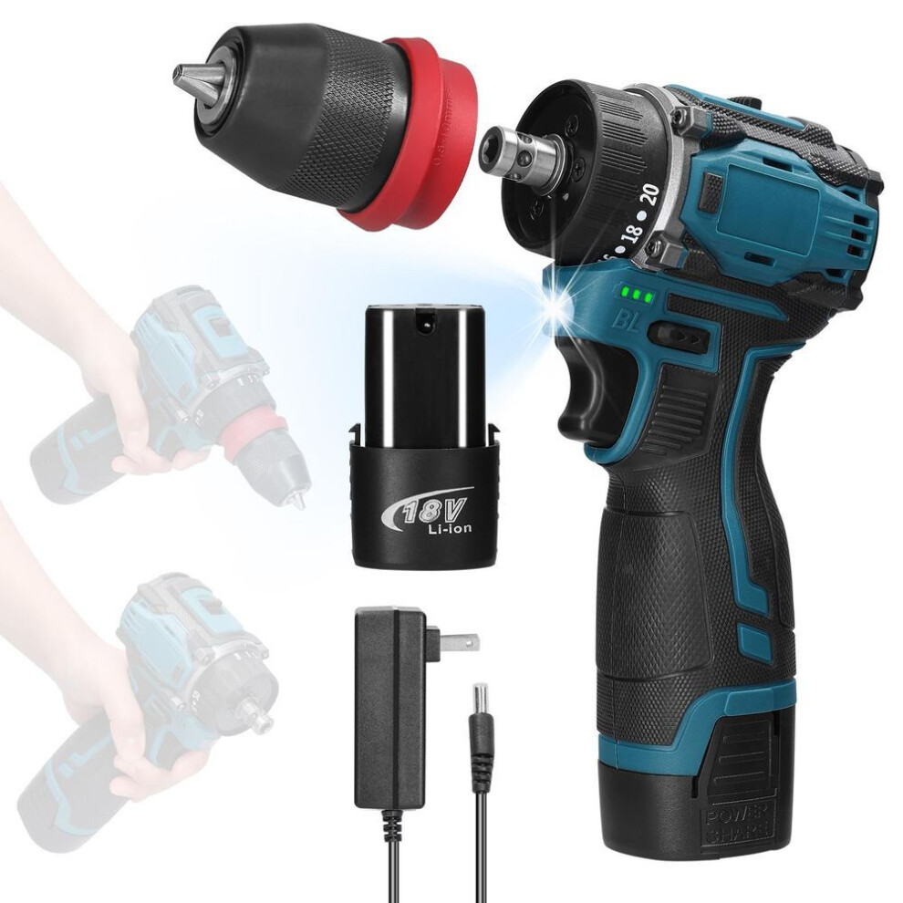(2pcs batteries US Plug) 18V 2in1 Lithium Drill Electric Screwdriver Multifunction Power Tool 45Nm Torque Brushless Motor
