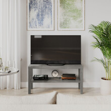 (Cedar Grey) 2-Tier Wooden TV Bench Media Stand with Storage Cabinet