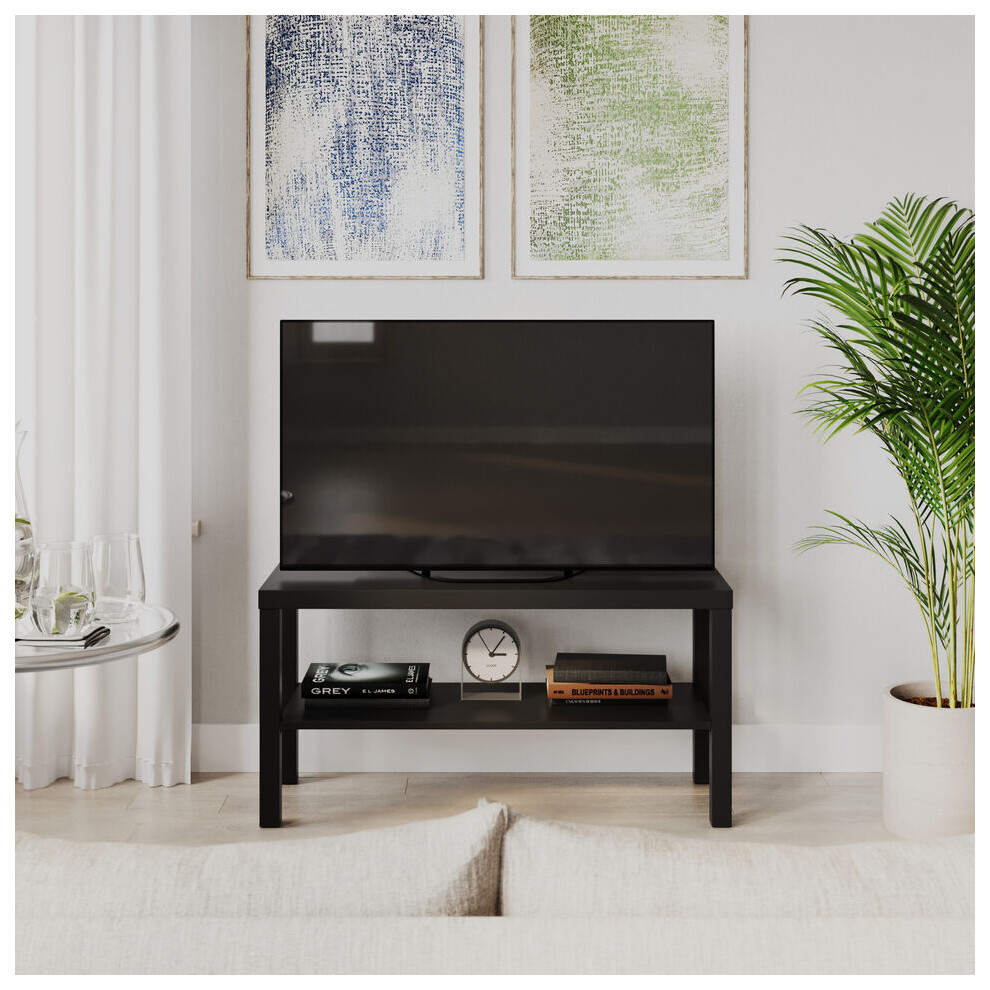 (Black ) 2-Tier Wooden TV Bench Media Stand With Storage Cabinet