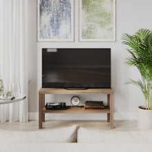 (Oak) 2-Tier Wooden TV Bench Media Stand with Storage Cabinet