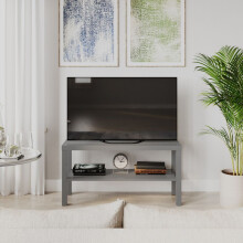 (Grey) 2-Tier Wooden TV Bench Media Stand with Storage Cabinet