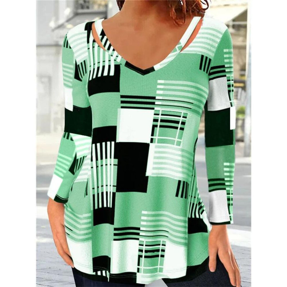 (5XL, green) Women&apos;s V-neck T-shirt Summer Fashion Checkered Printing Long Sleeved Shirt Street Oversized T-shirt Harajuku Loose Tee 5xl Female Clothing