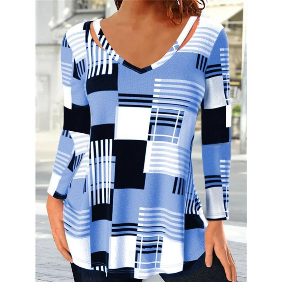 (L, blue) Women&apos;s V-neck T-shirt Summer Fashion Checkered Printing Long Sleeved Shirt Street Oversized T-shirt Harajuku Loose Tee 5xl Female Clothing
