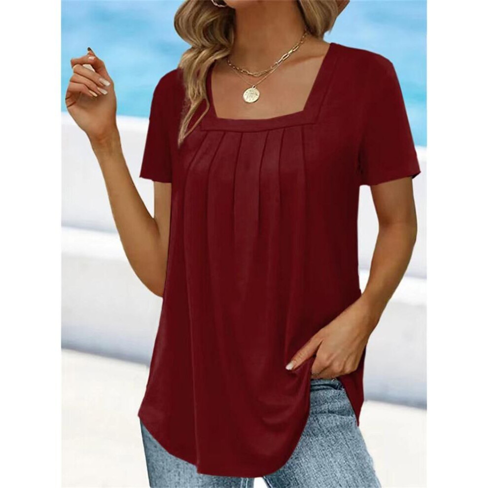 (2XL, wine red) Summer Women's 2023 Solid Color Pleated Sexy Square Neck T-Shirt Fashion Casual Short Sleeve Loose Plus Size Commuter Top