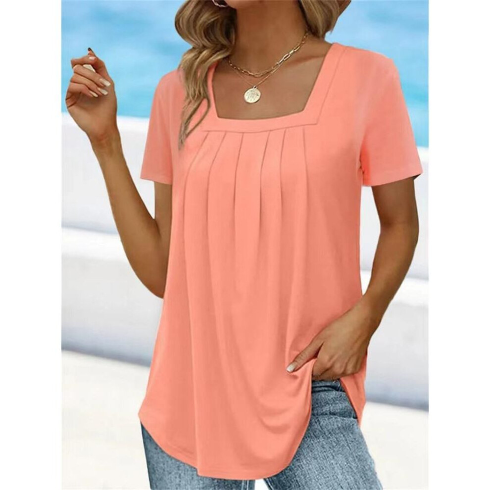 (2XL, pink) Summer Women's 2023 Solid Color Pleated Sexy Square Neck T-Shirt Fashion Casual Short Sleeve Loose Plus Size Commuter Top