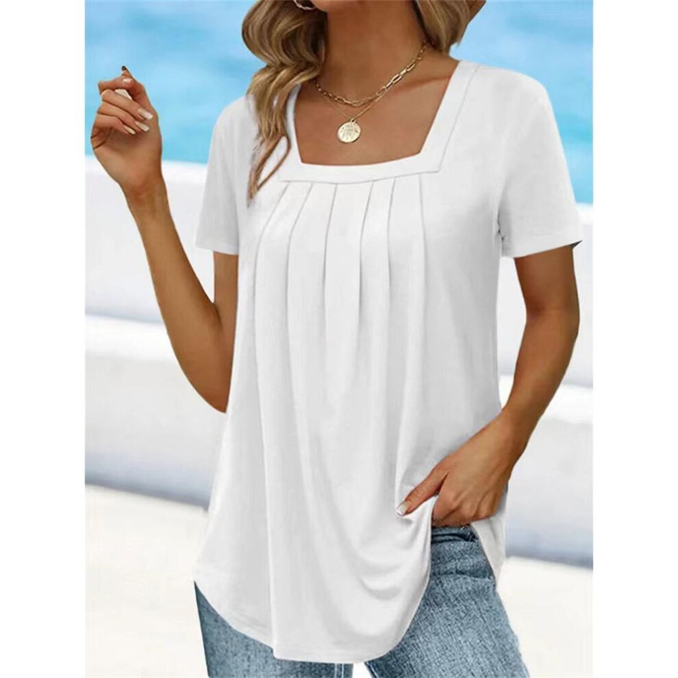 (5XL, white) Summer Women's 2023 Solid Color Pleated Sexy Square Neck T-Shirt Fashion Casual Short Sleeve Loose Plus Size Commuter Top