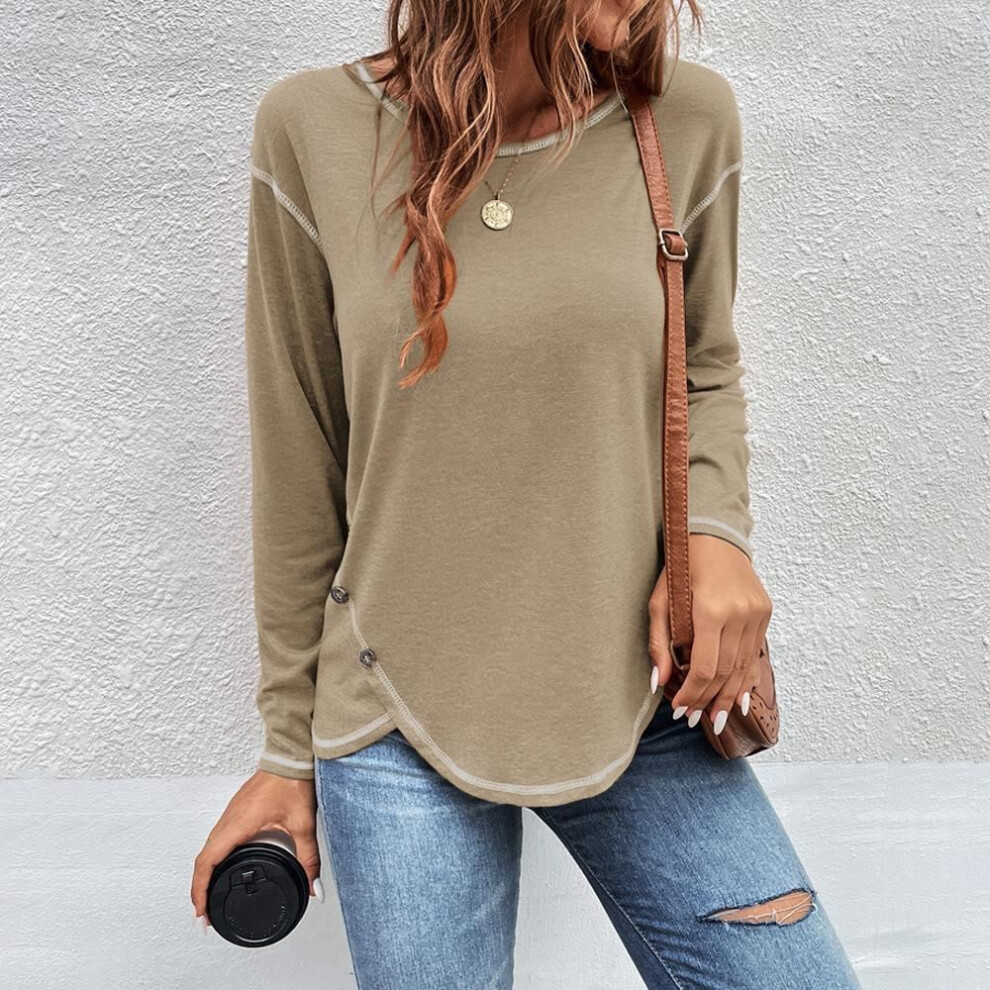 (5XL, khaki) Round Neck Long Sleeve Women T-shirt Solid Color Loose Casual Tops Button Oversized Cotton Tees Irregular Pullover