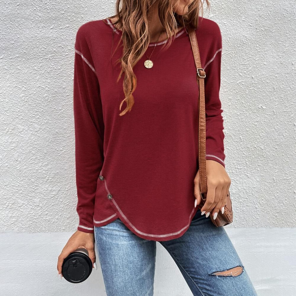 (L, wine red) Round Neck Long Sleeve Women T-shirt Solid Color Loose Casual Tops Button Oversized Cotton Tees Irregular Pullover