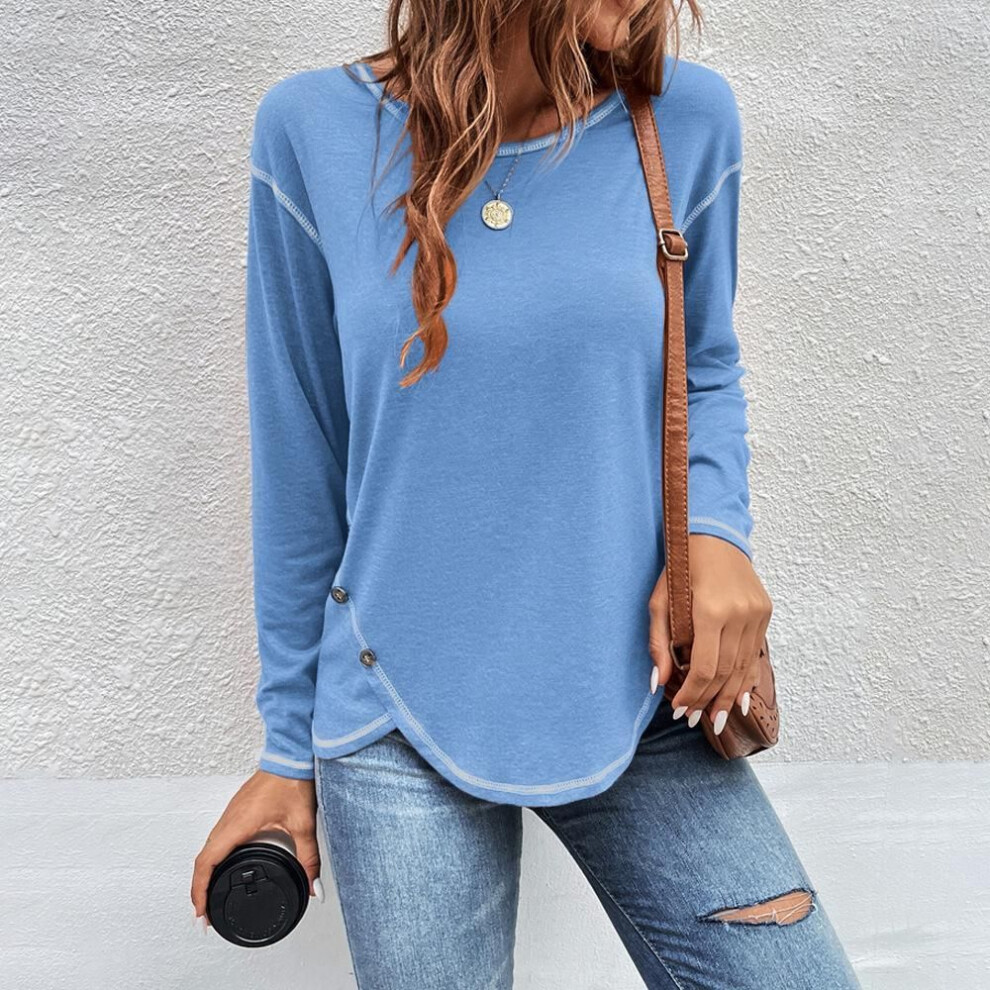 (3XL, light blue) Round Neck Long Sleeve Women T-Shirt Solid Color Loose Casual Tops Button Oversized Cotton Tees Irregular Pullover