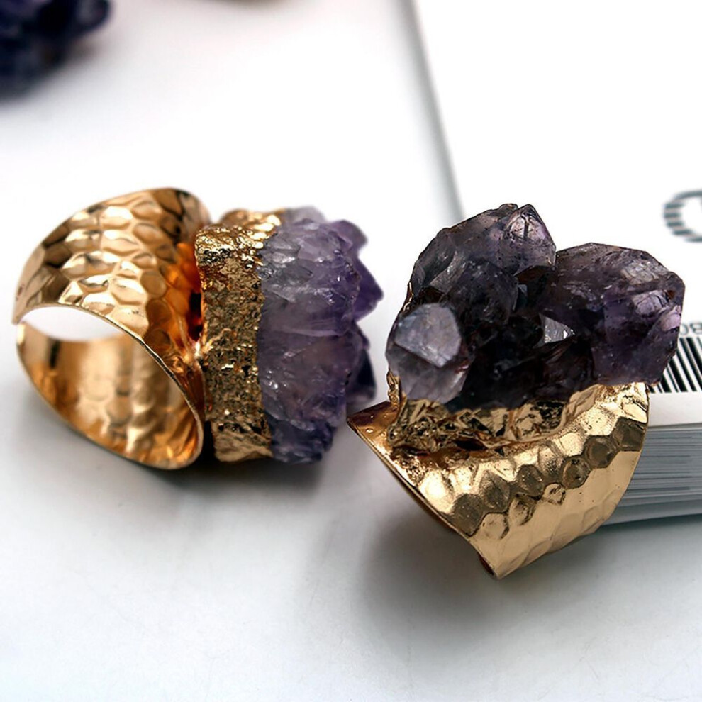 Puntos Retro Open Band Adjustable  Natural Amethyst Finger Ring Jewelry Accessory Gift