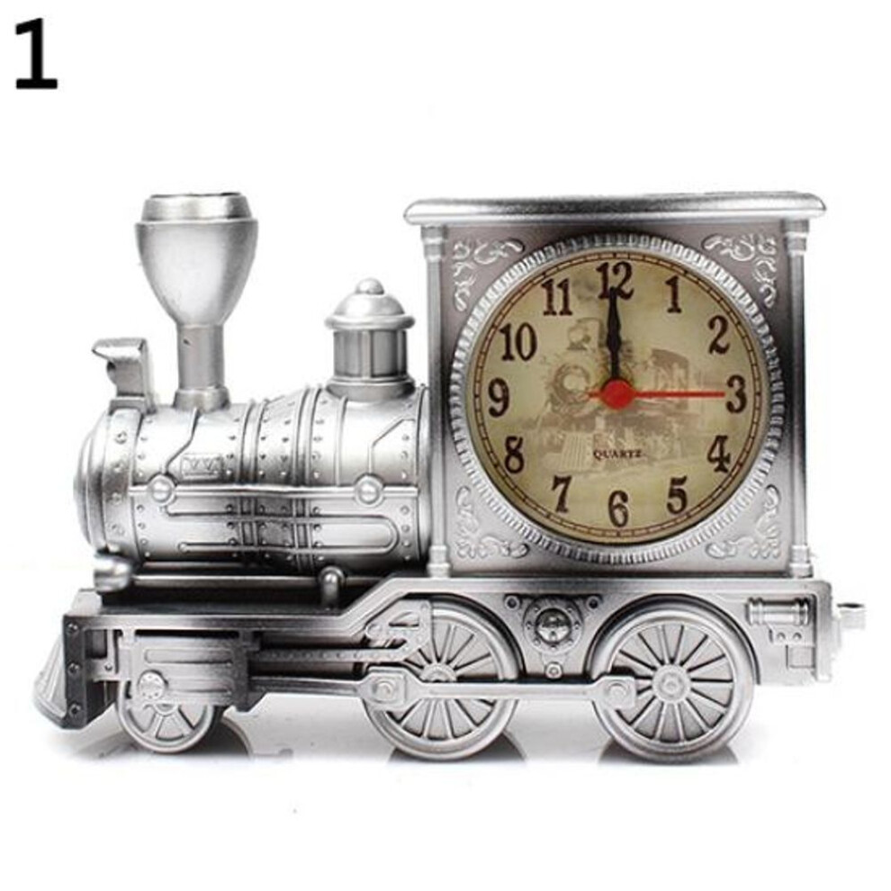 (antique silver) Cartoon Locomotive Train Alarm Clock Antique Engine Design Table Desk Decor