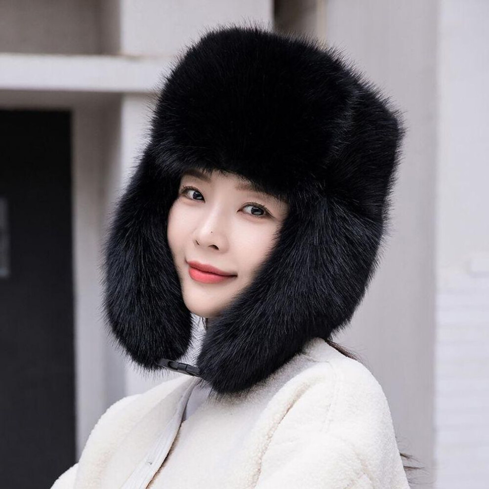 (black, Adjustable 53cm-59cm) New Women Winter Cycling Ski Hat Warm Earmuffs Thicken Plush Ear-Flattered Hat Lady Quality Faux Fox Fur Cap Soft Windproof Hats