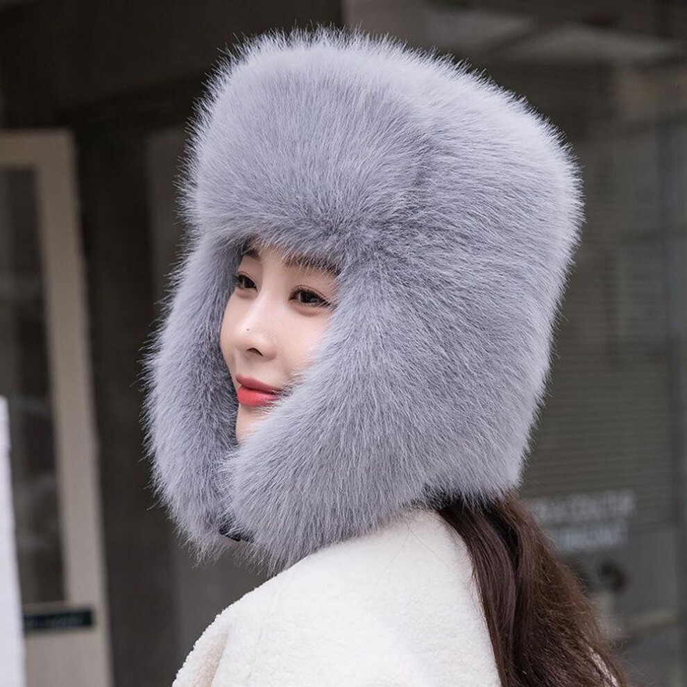 (cadet grey, Adjustable 53cm-59cm) New Women Winter Cycling Ski Hat Warm Earmuffs Thicken Plush Ear-flattered Hat Lady Quality Faux Fox Fur Cap Soft Windproof Hats