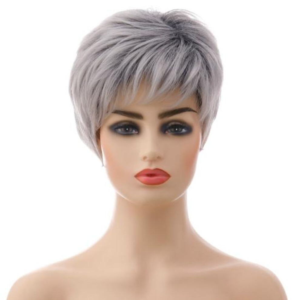 (silver) Colored Wig Natural Silver Grey Color High Temperature Silk Short Hair Women Wig for Lady
