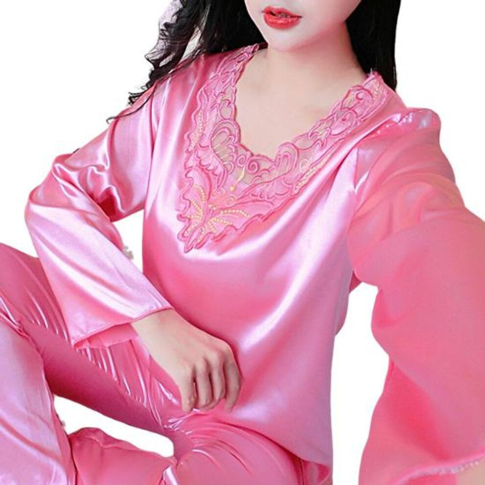(M, rose red) 2 Pcs/Set Women Nightie Set Solid Color Sleeping Comfortable Soft Plus Size for Home