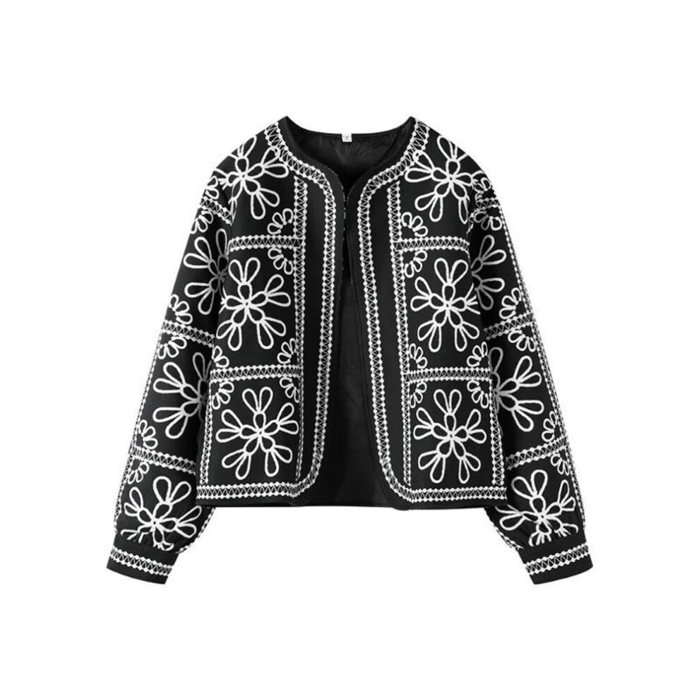 (L, black) Flower Printed Loose Coat Women Casual Long Sleeved Cardigan Retro Temperament Top Autumn