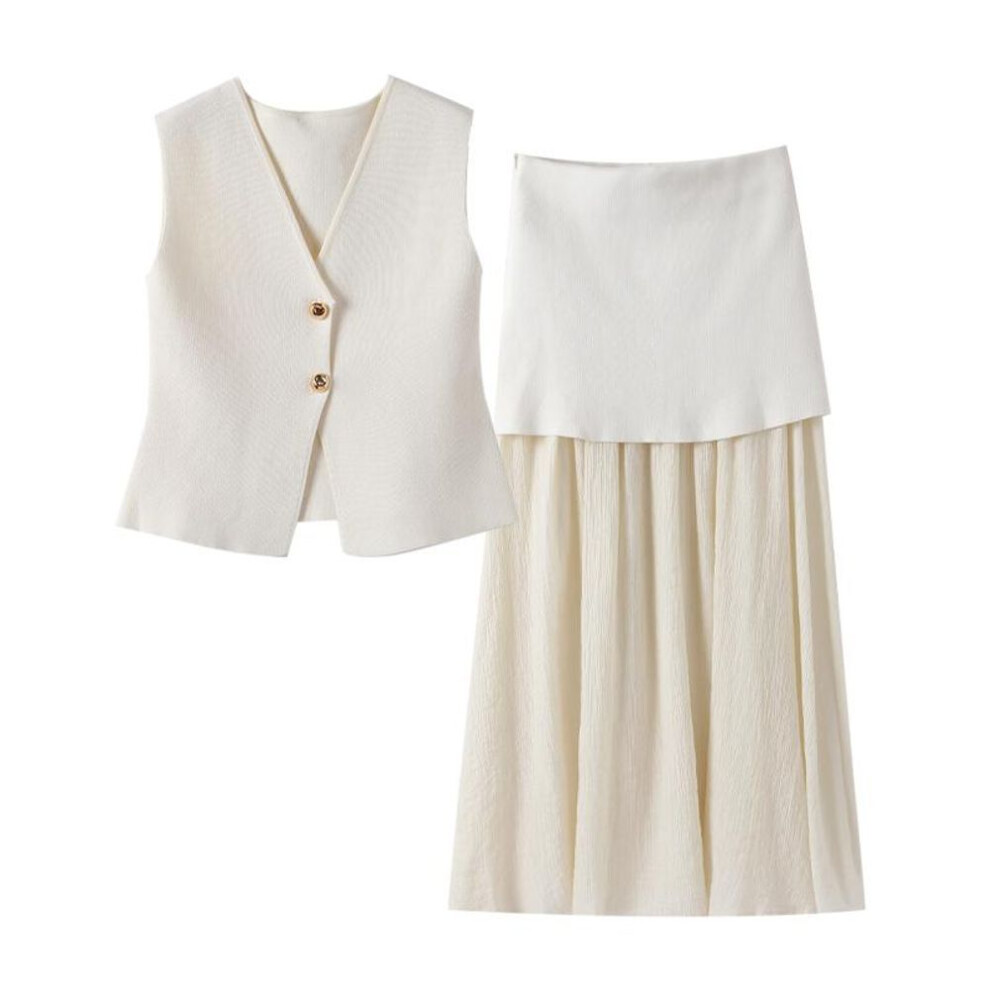 (beige, L) Knitted Pleats Patchwork Skirts Sets For Women 2 Pieces Button V-neck Vest Top Ankle-length Skirt Lady Commuter Suit Elegant Temperament