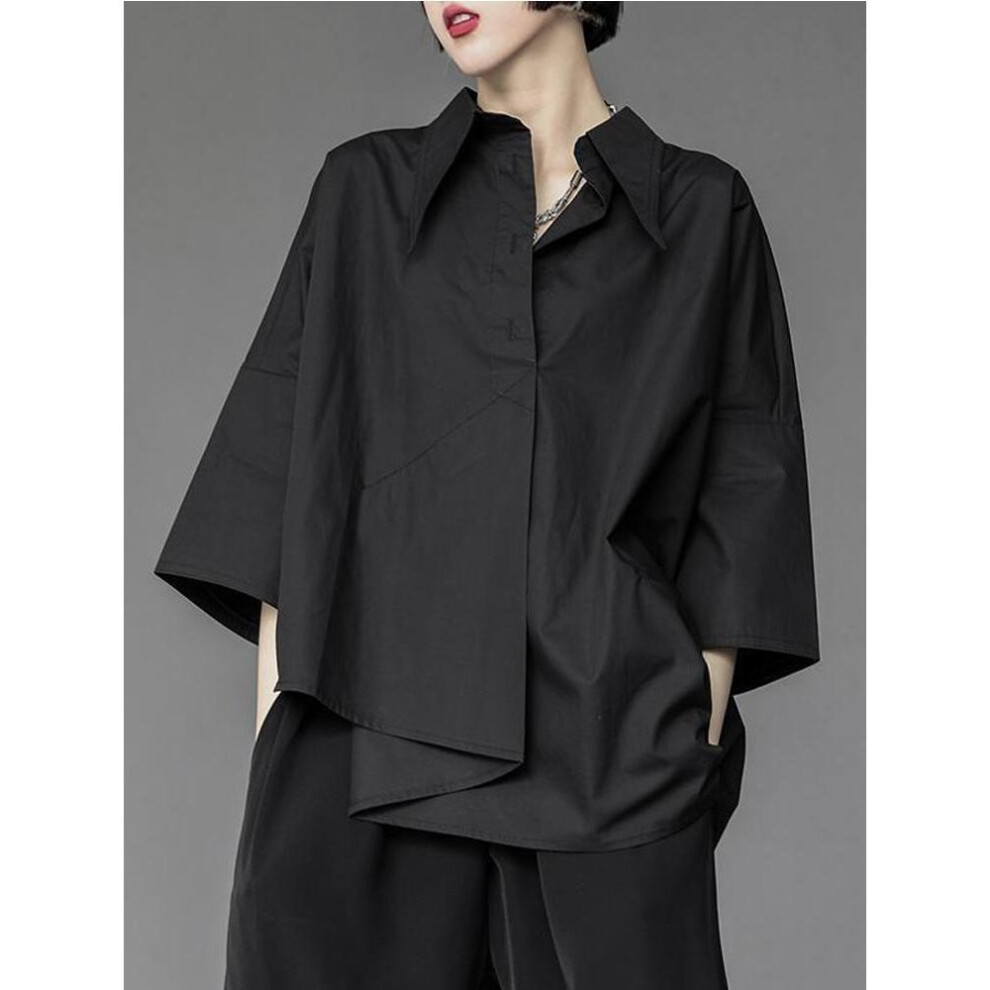 (XL, black) Women&apos;s Blouse Asymmetrical Harajuku Japanese Korean Style Black White Shirt Loose Button Up Tops Casual Summer Fashion
