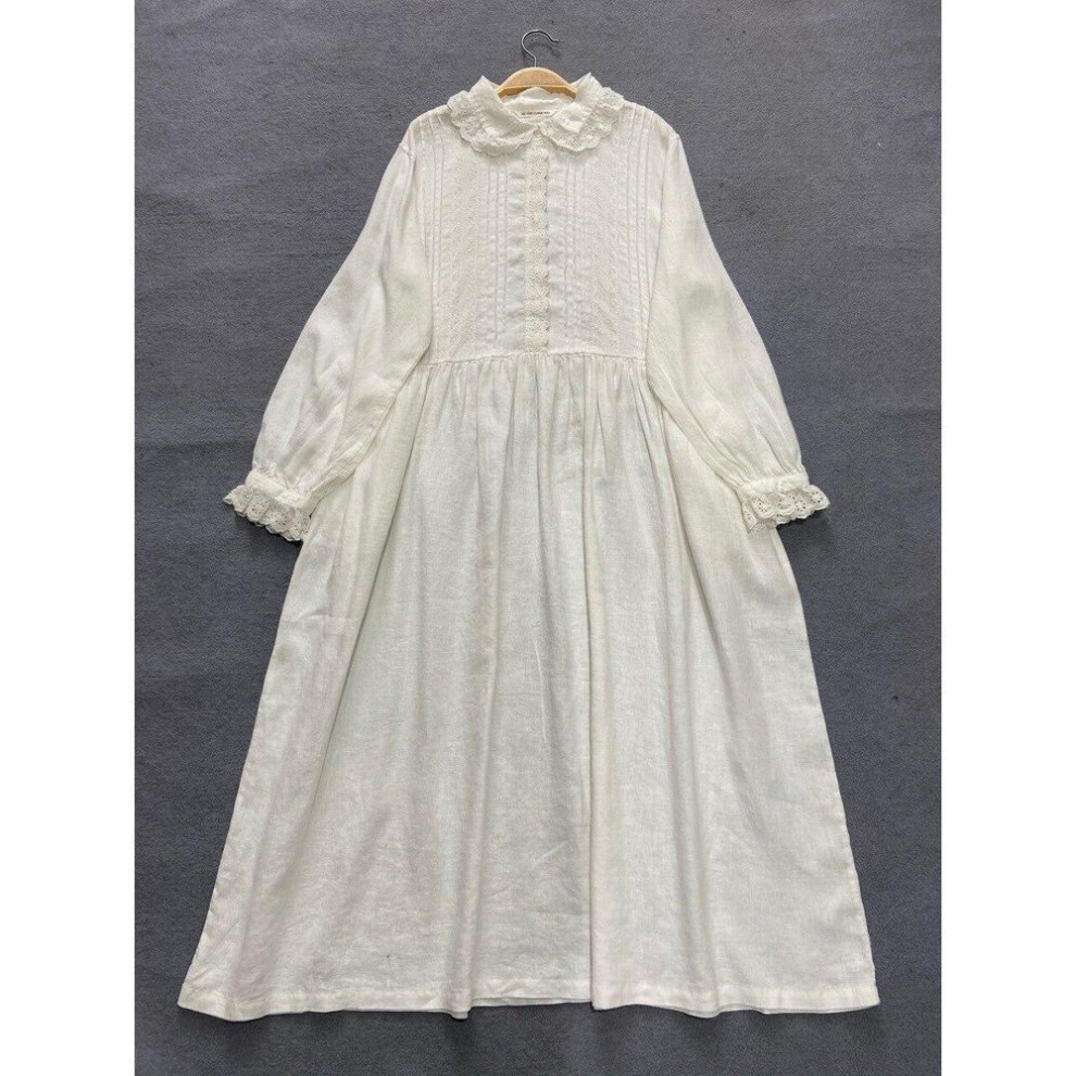 (white, One Size) Johnature Vintage Linen Women Embroidery Turn-down Collar Dress For Women Autumn Japanese Loose Lace Dresses