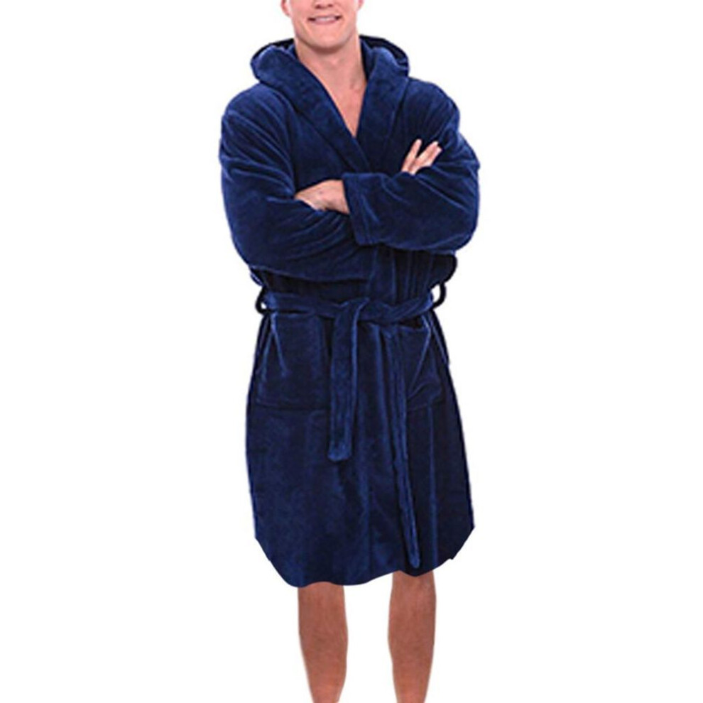 (XXXXXL, dark blue) Men&apos;s Winter Plush Lengthened Shawl Bathrobe Home Clothes Long Sleeved Robe Coat
