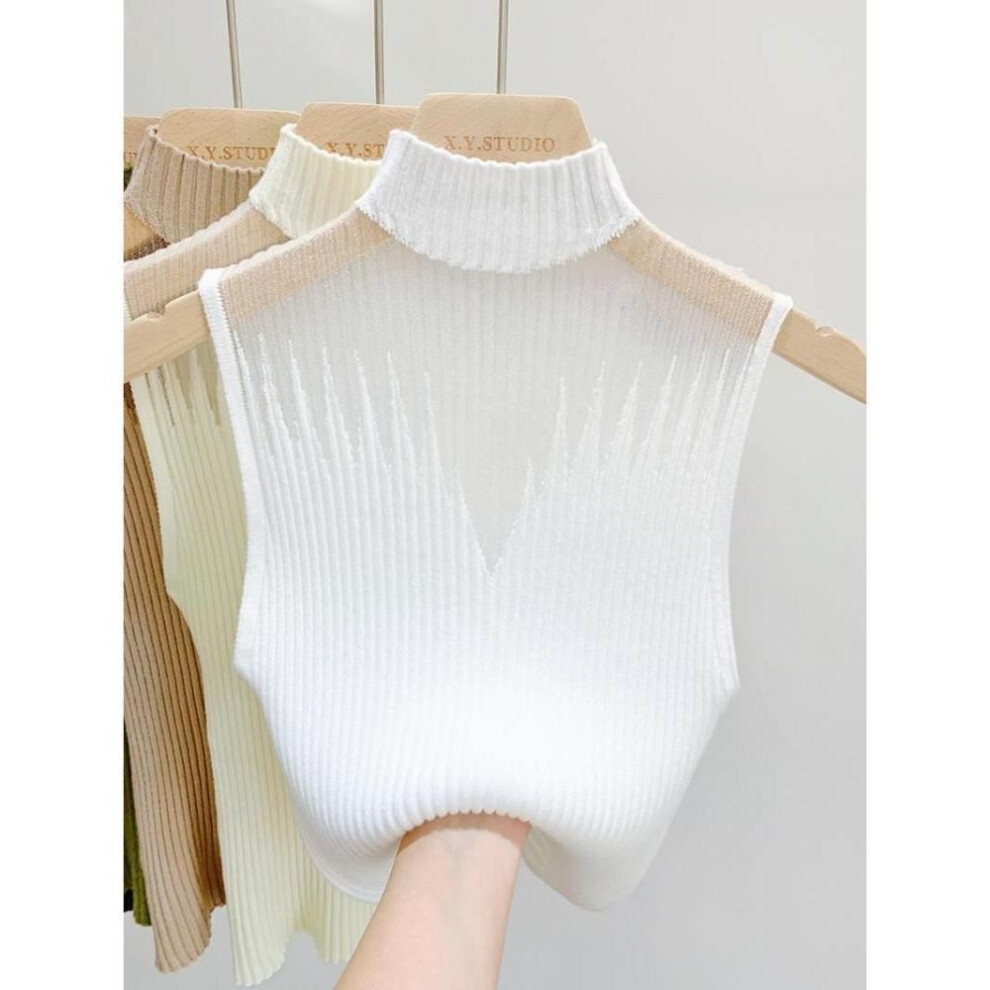 (L, white) Summer Women Knitted  Sleeveless T-shirt Mesh Hanging Neck Semi-high Neck Small Vest Female Undershirt Street Clothes