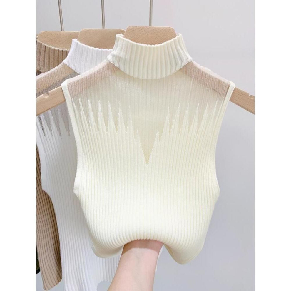 (XXL, apricot) Summer Women Knitted  Sleeveless T-shirt Mesh Hanging Neck Semi-high Neck Small Vest Female Undershirt Street Clothes