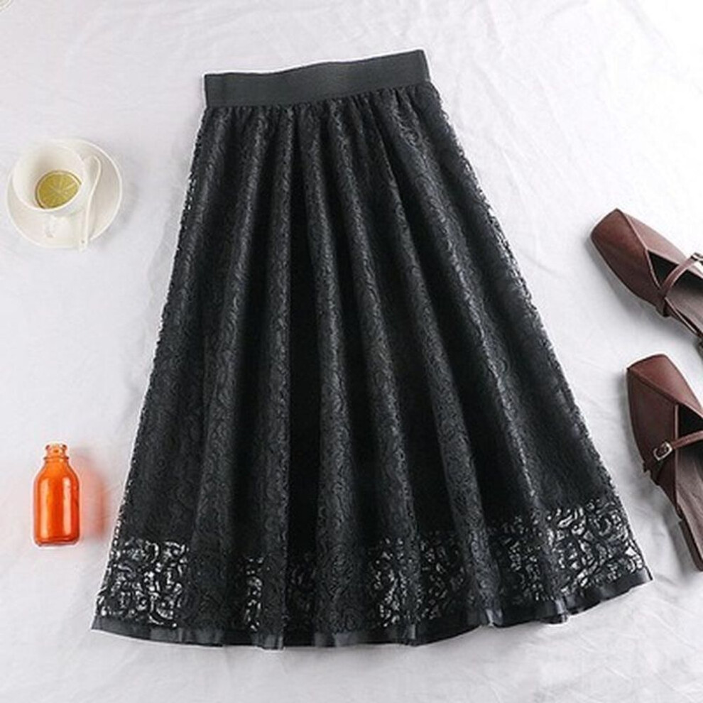 (One Size, black) Women Floral Skirt Summer Long Elastic High Waist Dress Female Hollow Out Layers Pleated Lace Skirt