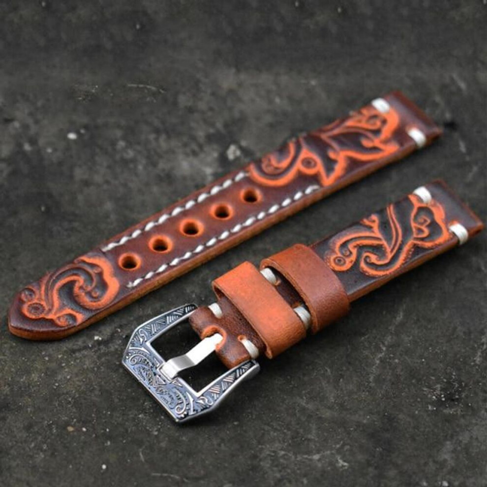(orange, 22mm) Watch Band 20mm 22mm Vintage Leather Carved Embossed Watch Straps For Panerai Watchband With Carved Buckle Engraved Clasp