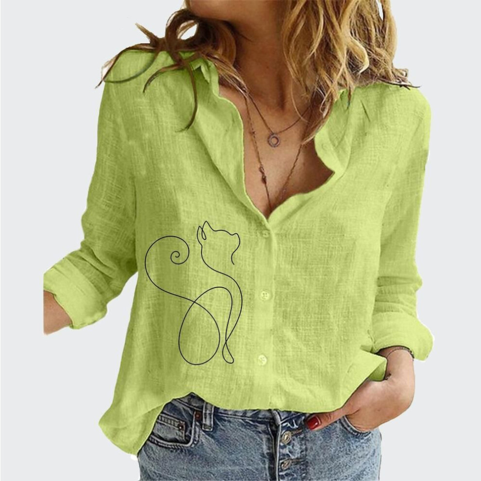 (XL, green) Female Thin Cotton Linen Top Ladies Fashion Lapel Collar Cardigan Shirt Women Casual Print Blouses