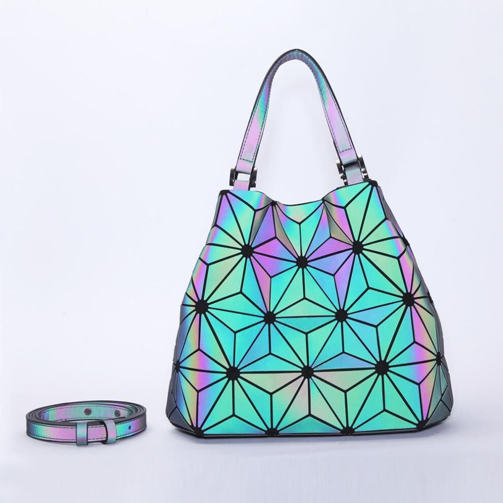 (black, 2) Women&apos;s Diamond Geometric Tote Bag Folding Shoulder Bag Holographic Laser Luminous Bucket Bag